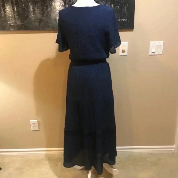 Luxology Blue Maxi Dress w/Short Bell Sleeves Gauzy material Tie Front Maxi-M - Picture 2 of 10